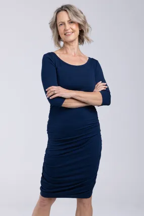 3/4 Sleeve Ruched Dress - Navy