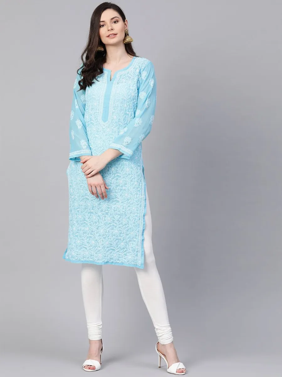 ADA Women Blue & White Chikankari Embroidered Sheer Straight Sustainable Handloom Kurta