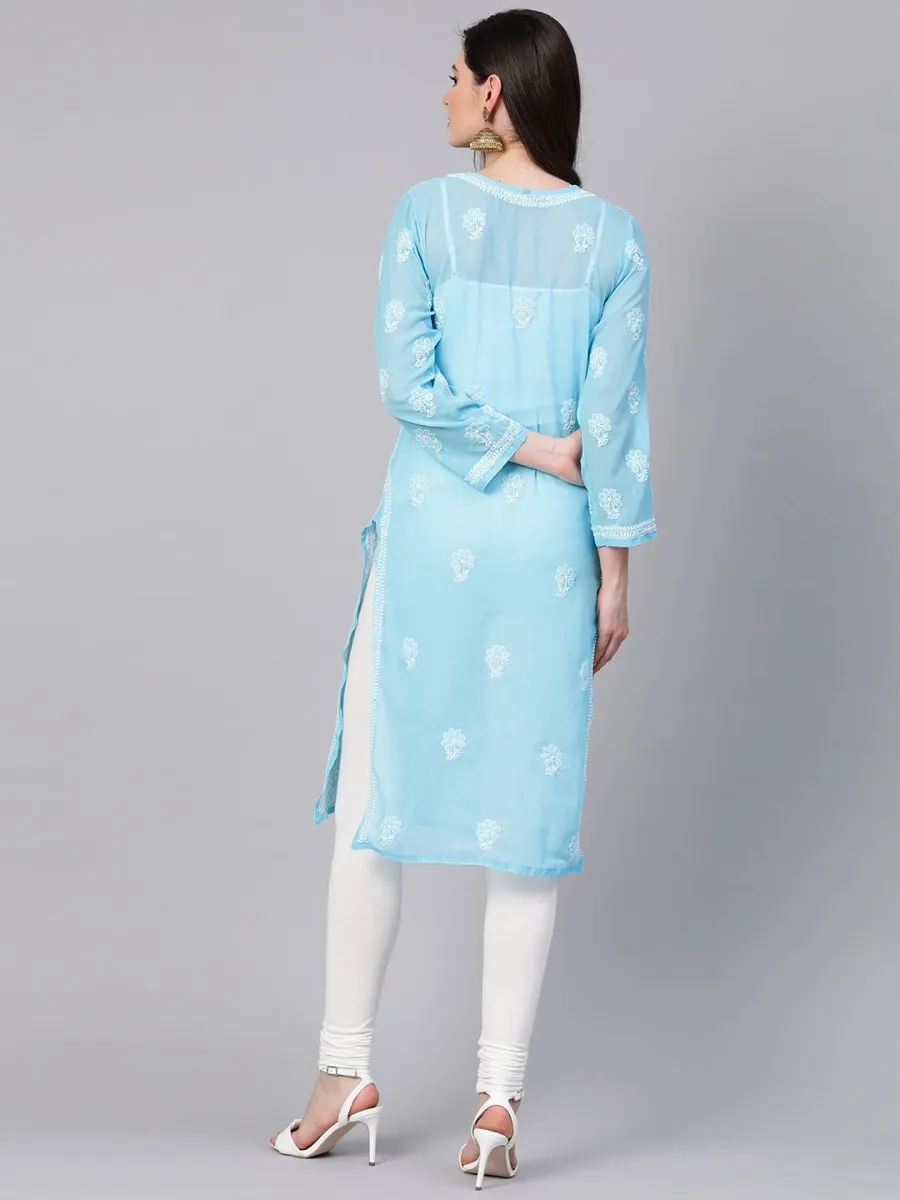 ADA Women Blue & White Chikankari Embroidered Sheer Straight Sustainable Handloom Kurta