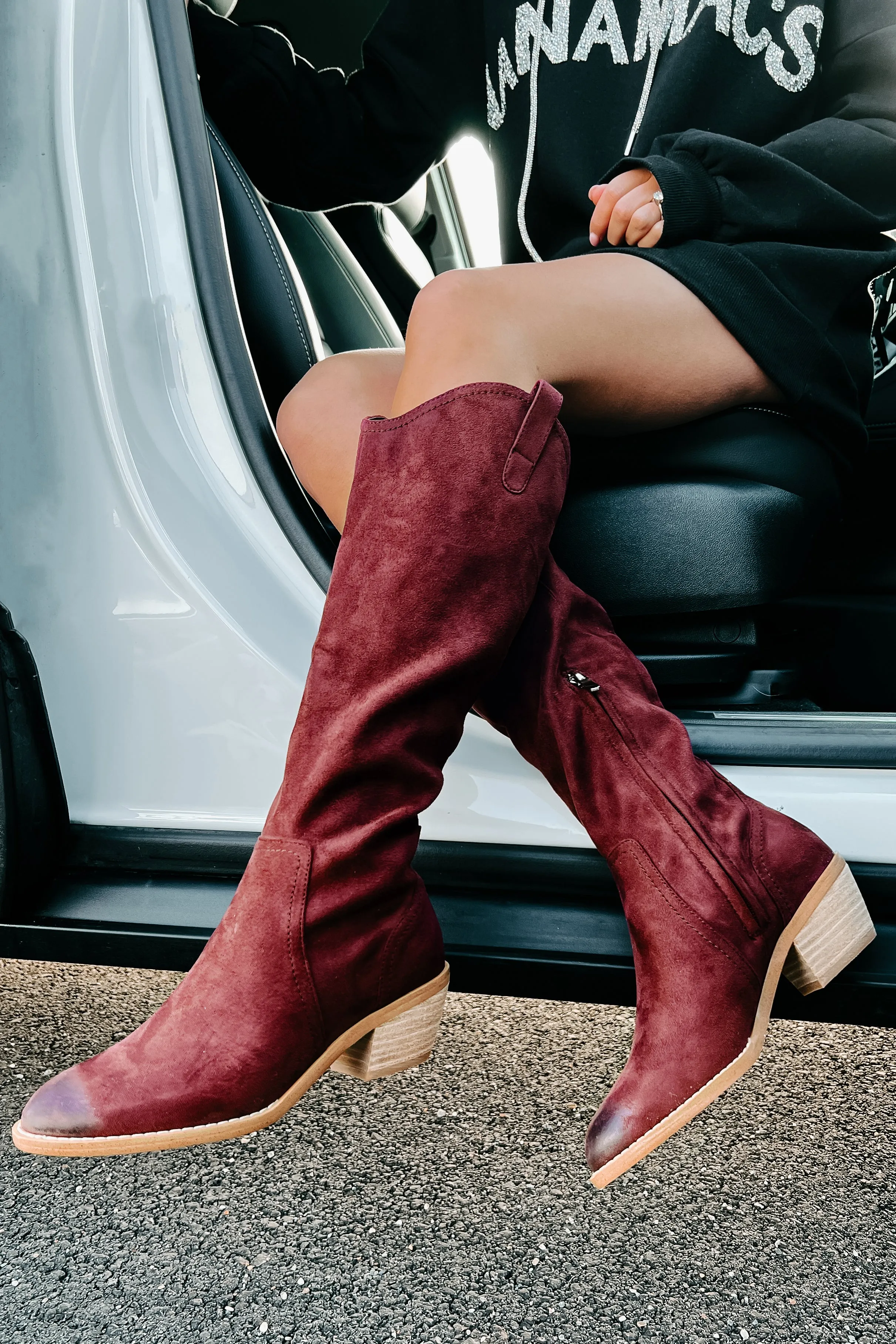 Adalee Faux Suede Knee High Boots (Burgundy)