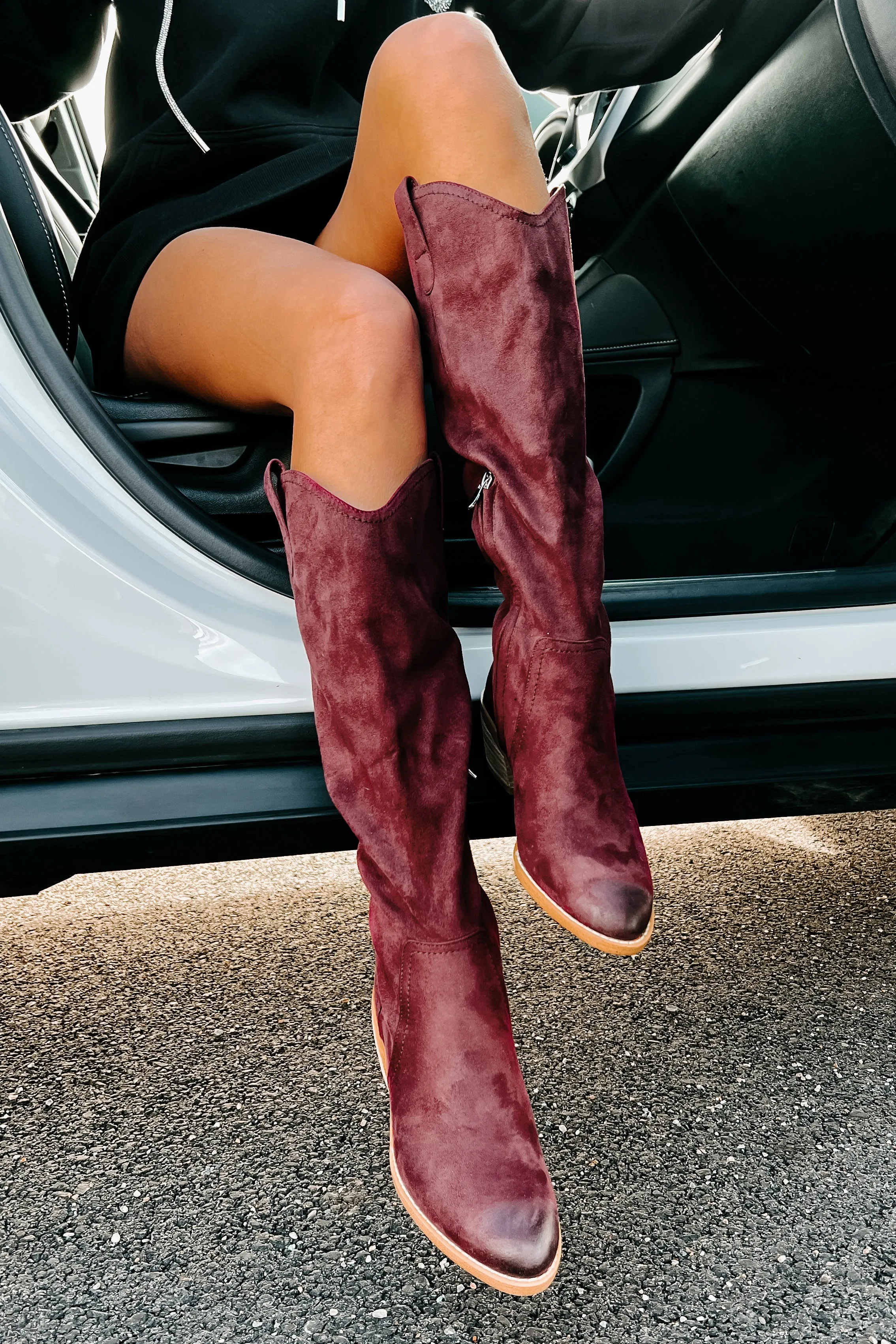 Adalee Faux Suede Knee High Boots (Burgundy)