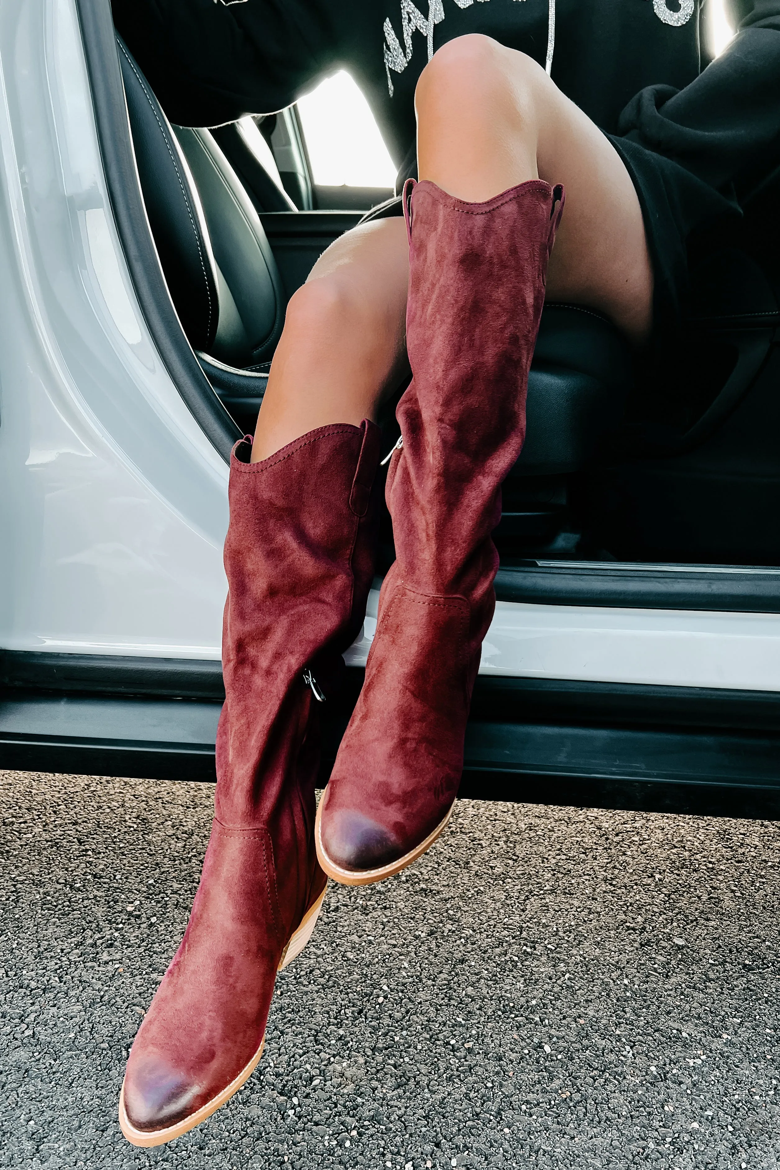 Adalee Faux Suede Knee High Boots (Burgundy)