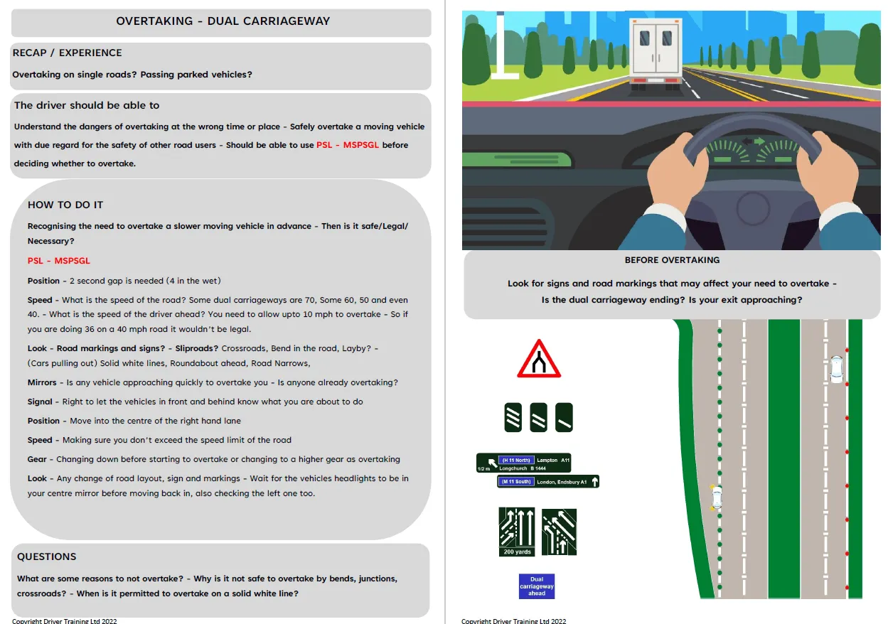 ADI Part 3 lesson plan diagrams - Motorways, overtaking dual carriageway