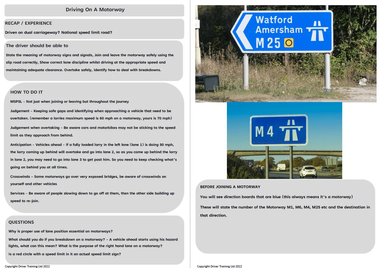 ADI Part 3 lesson plan diagrams - Motorways, overtaking dual carriageway