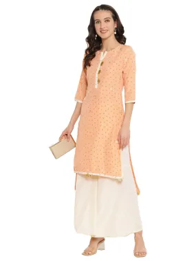 Ahalyaa Peach-Coloured & Red Bandhani Print High Low Straight Kurta