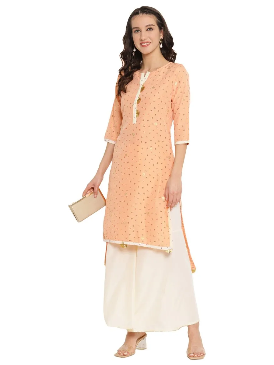 Ahalyaa Peach-Coloured & Red Bandhani Print High Low Straight Kurta