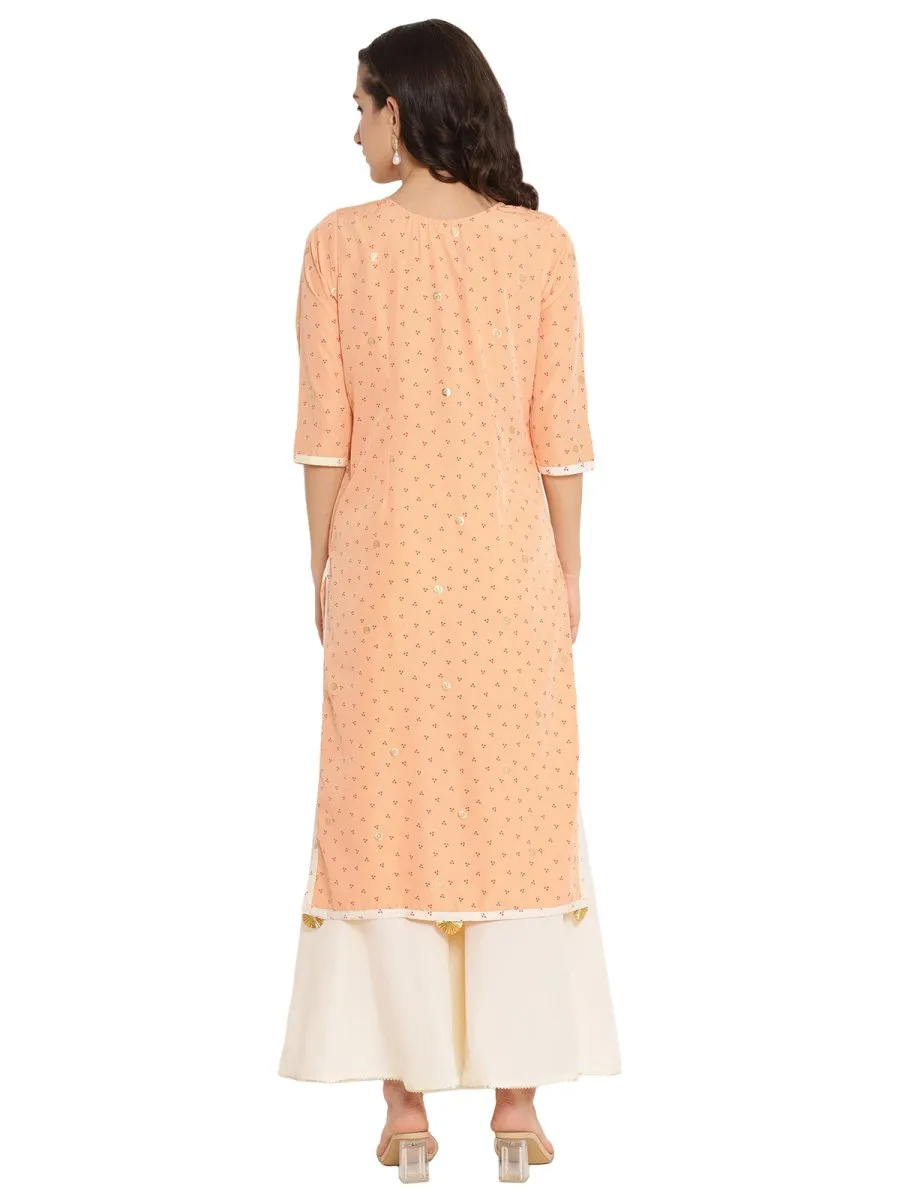 Ahalyaa Peach-Coloured & Red Bandhani Print High Low Straight Kurta