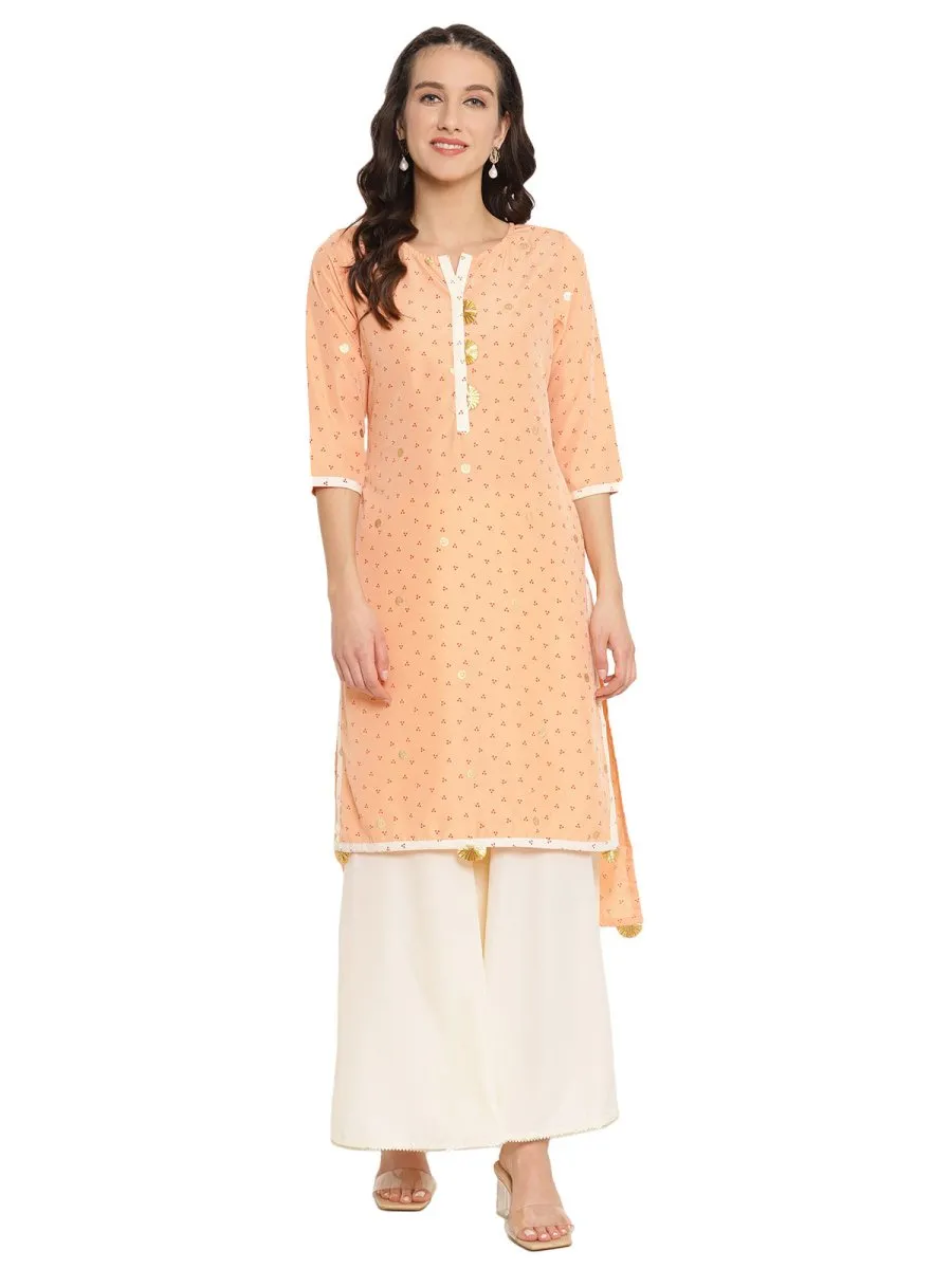 Ahalyaa Peach-Coloured & Red Bandhani Print High Low Straight Kurta