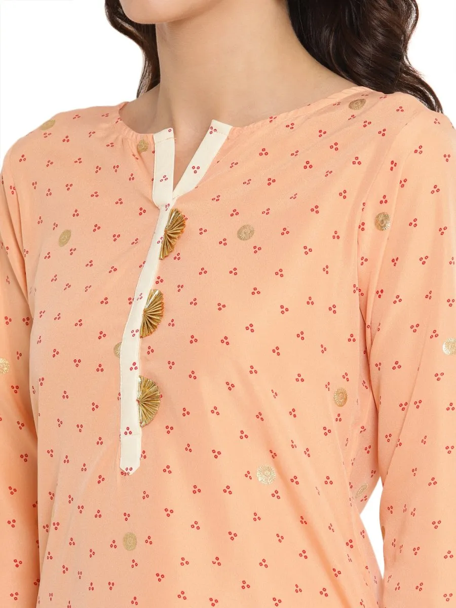 Ahalyaa Peach-Coloured & Red Bandhani Print High Low Straight Kurta