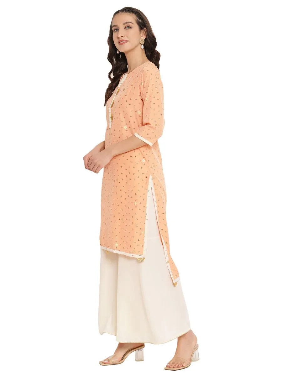 Ahalyaa Peach-Coloured & Red Bandhani Print High Low Straight Kurta