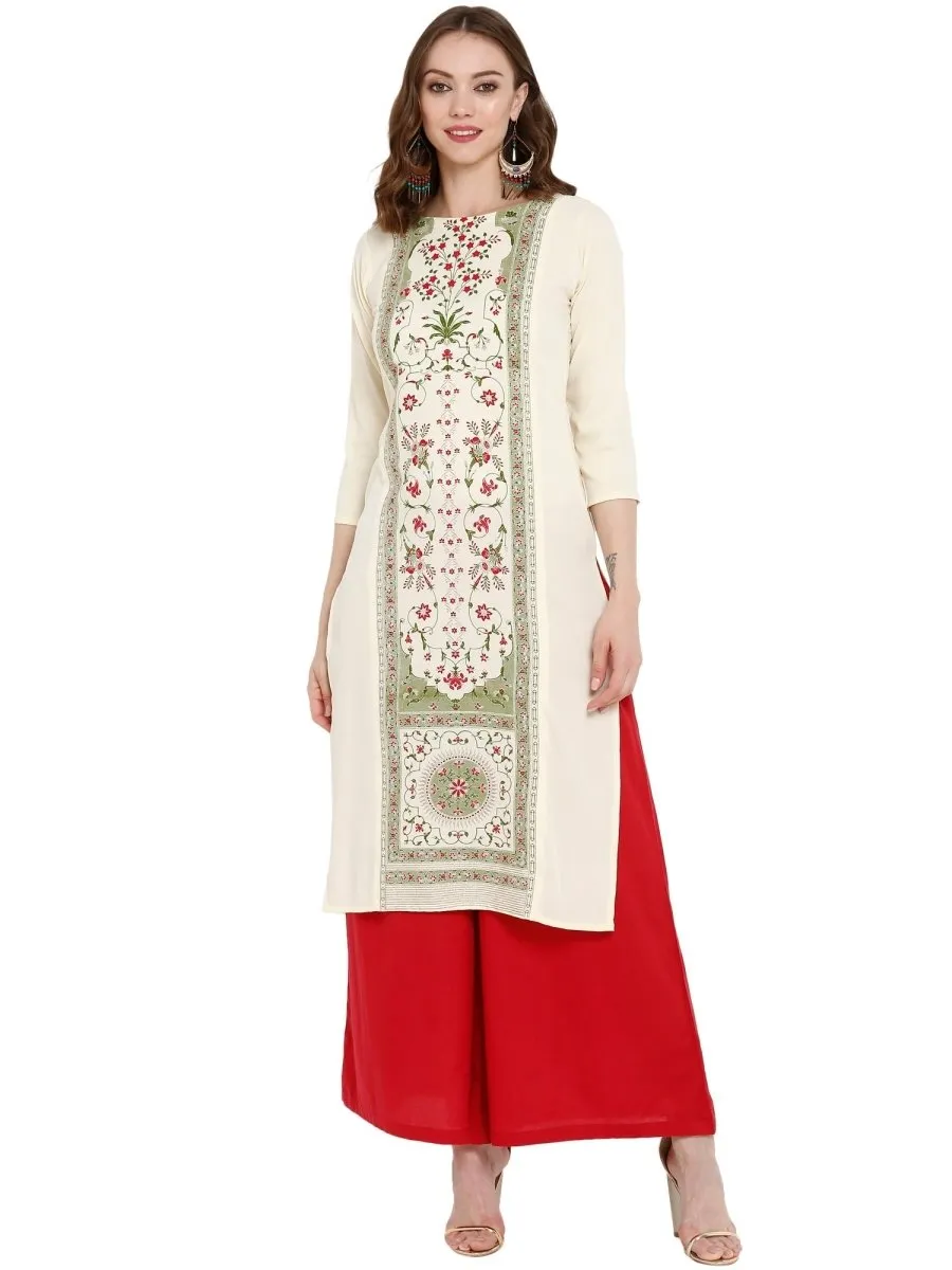 Ahalyaa Women Cream-Coloured Printed Straight Kurta