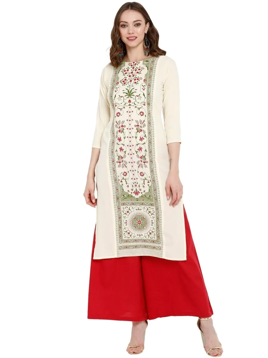 Ahalyaa Women Cream-Coloured Printed Straight Kurta