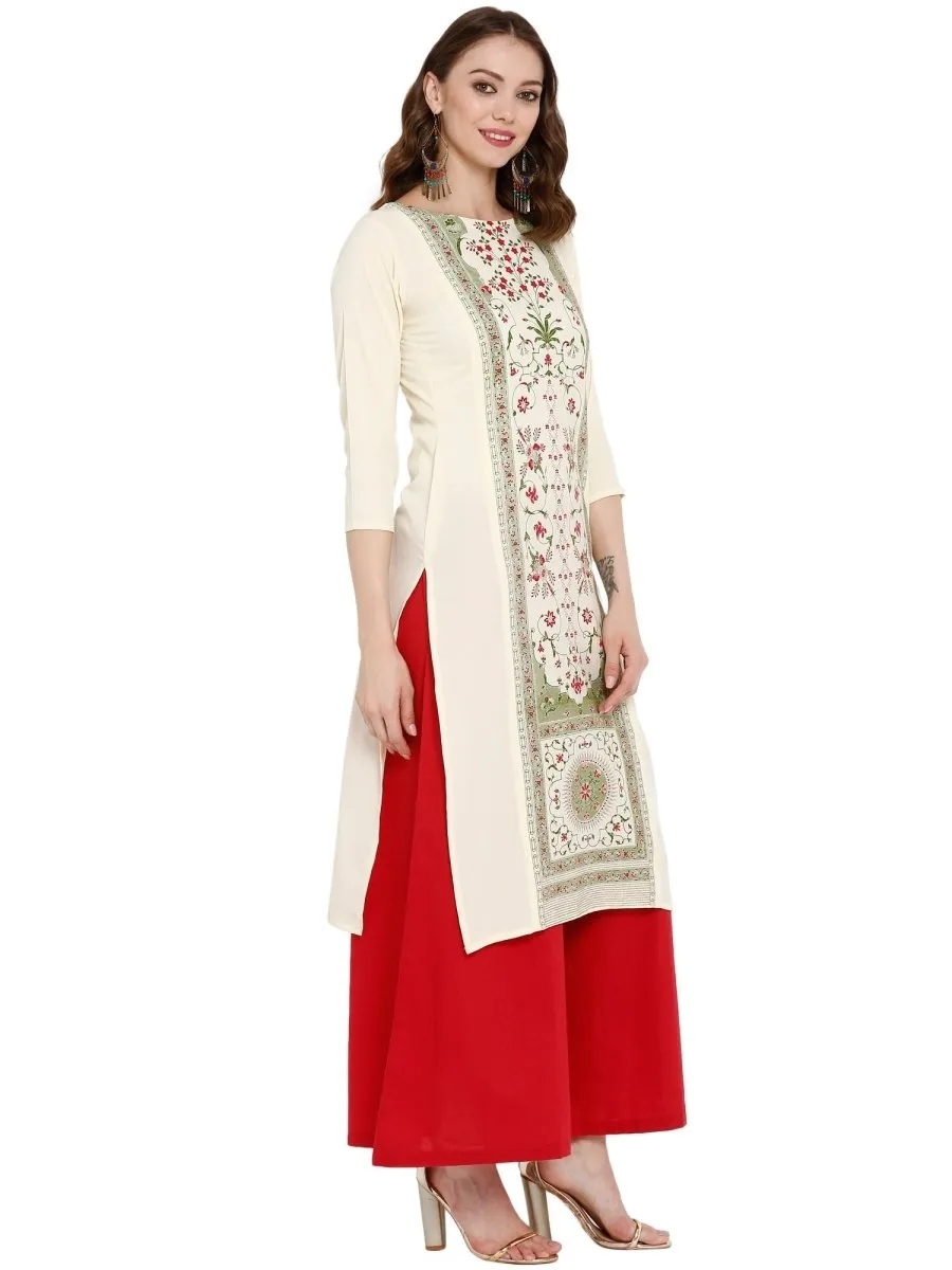 Ahalyaa Women Cream-Coloured Printed Straight Kurta