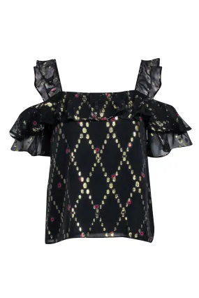 A.L.C. - Black Metallic Fleck Silk Cold Shoulder Ruffle Blouse Sz 4