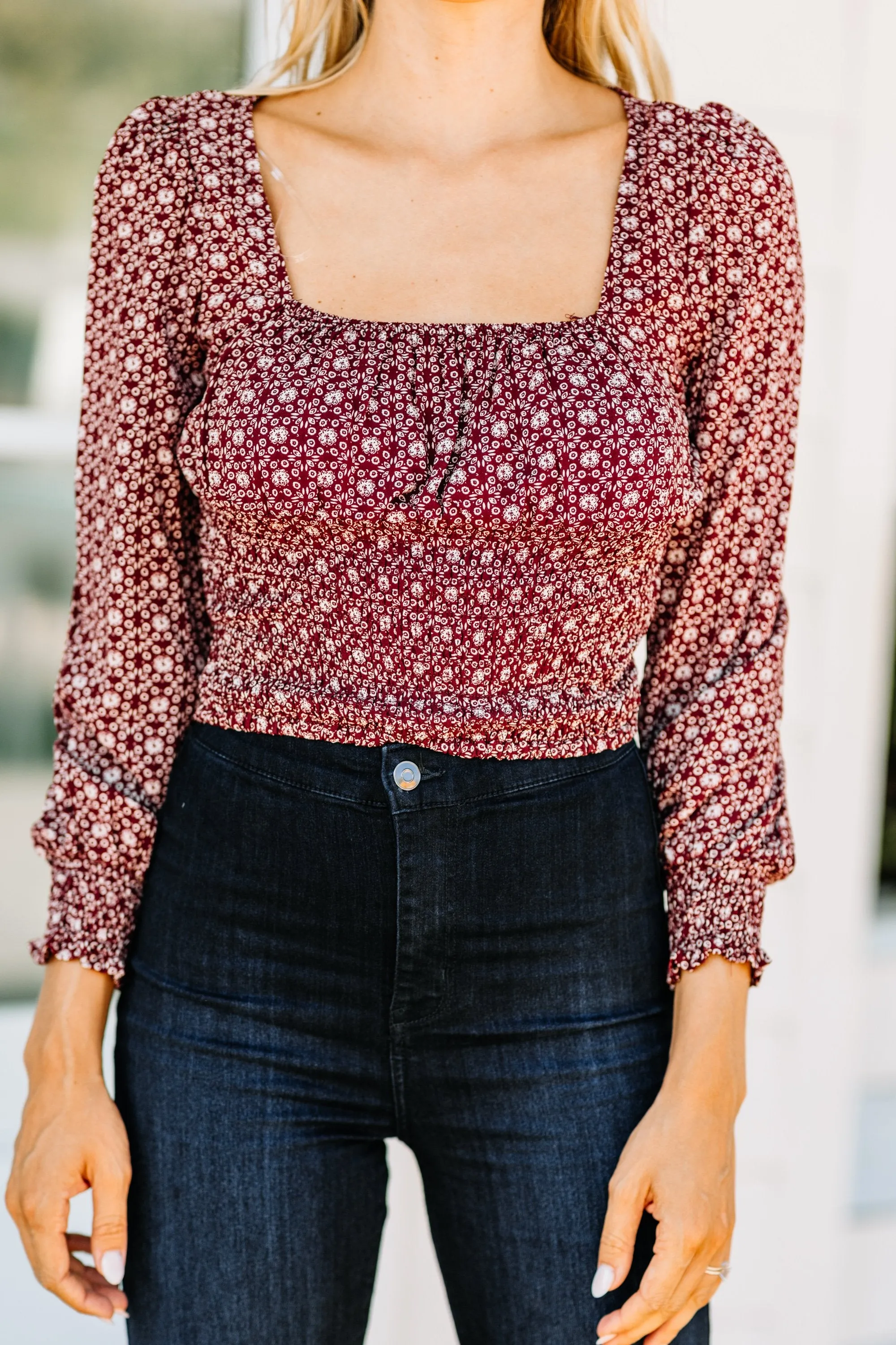 All I Have To Offer Wine Red Smocked Top