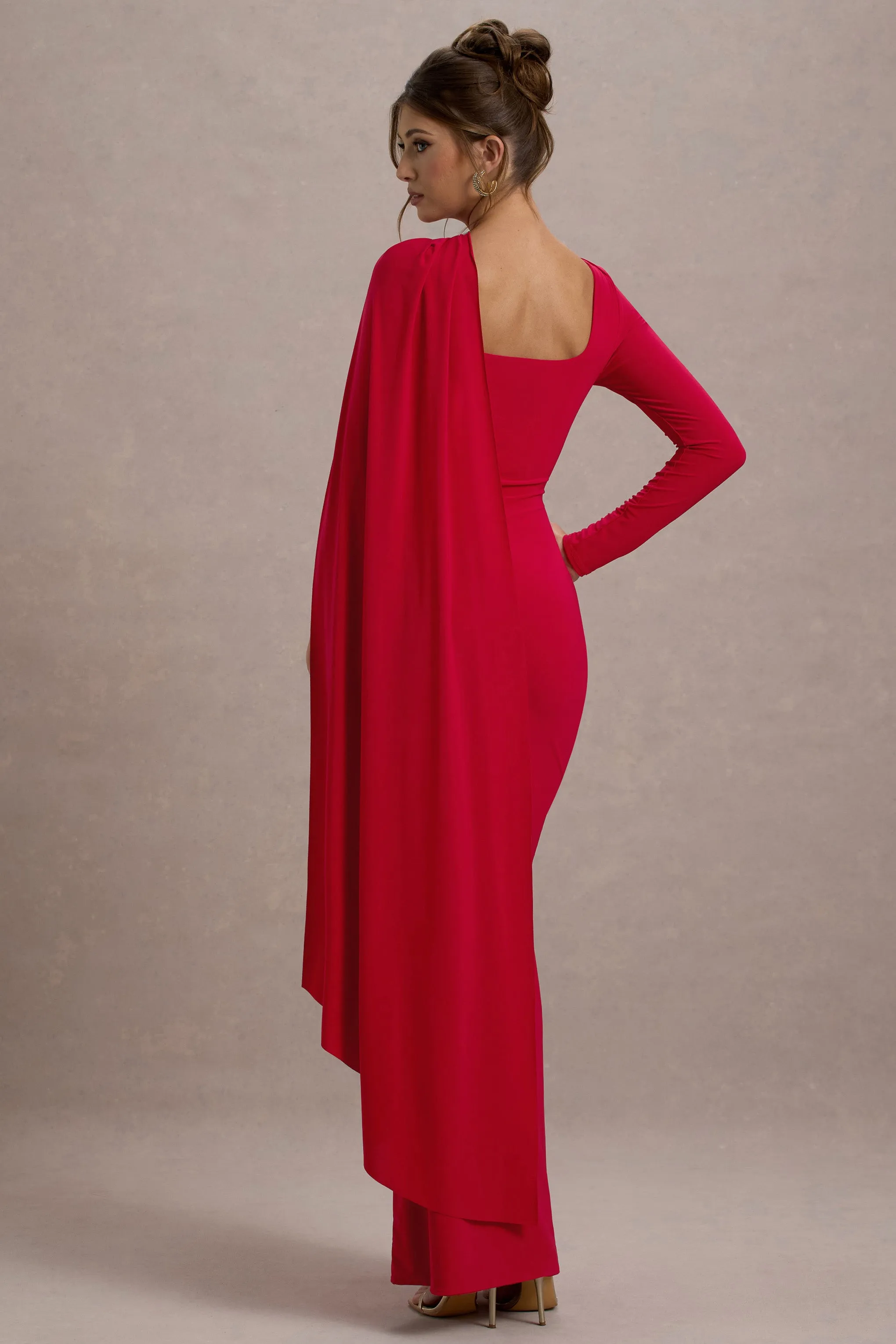 Ashini | Red One-Sleeve Maxi Dress With Cape