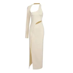 Asymmetrical Cutout Long Sleeve Thigh Split Maxi Bandage Evening Dress