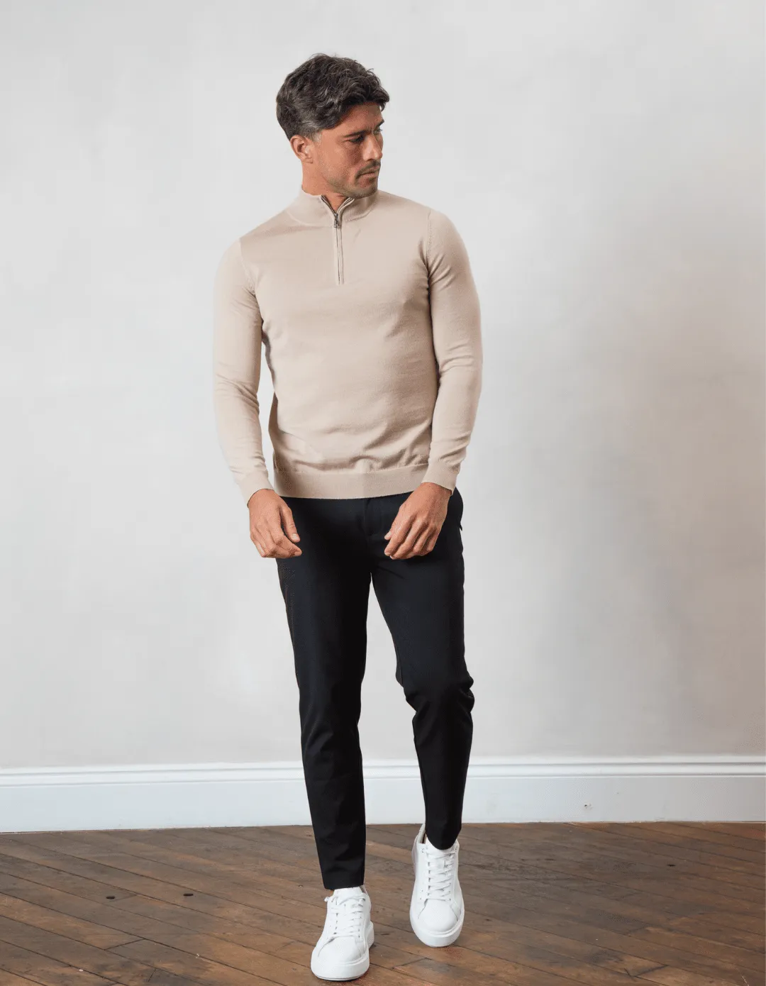 Beige 1/4 Zip Funnel Neck Knit