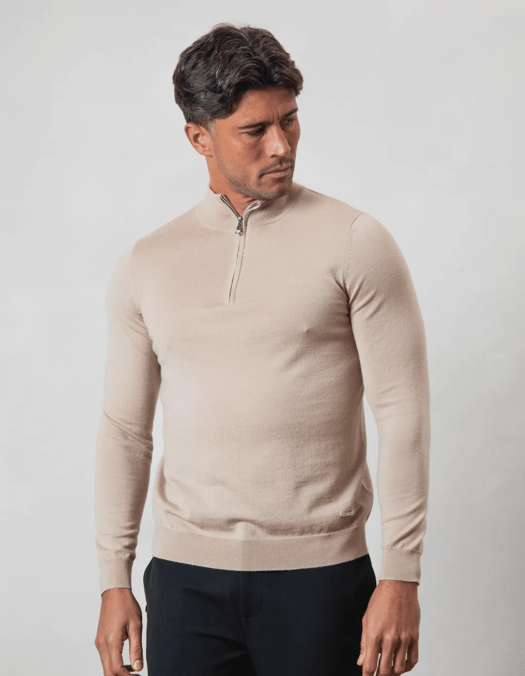 Beige 1/4 Zip Funnel Neck Knit