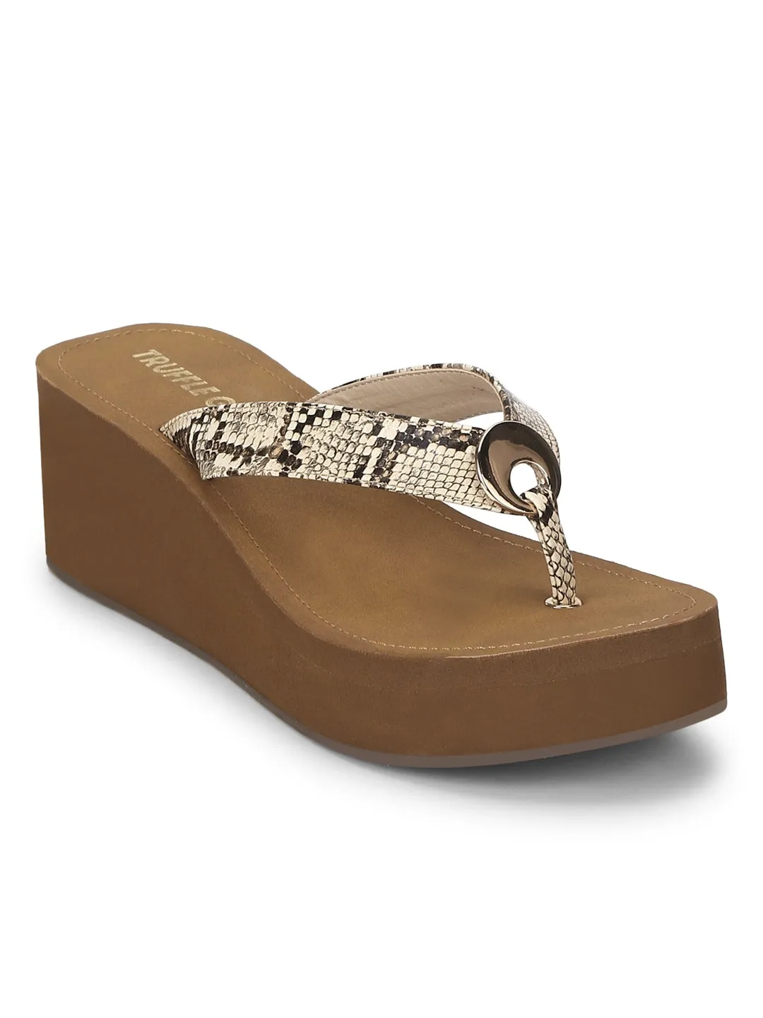 Beige PU Snake Pattern Slip On Wedges