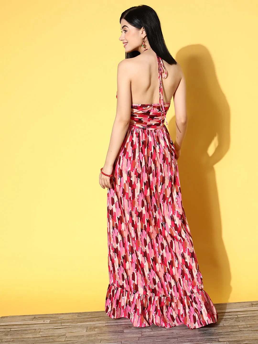 Berrylush Women Pink & White Abstract Printed Halter Neck Cutout Crepe Flared Maxi Dress