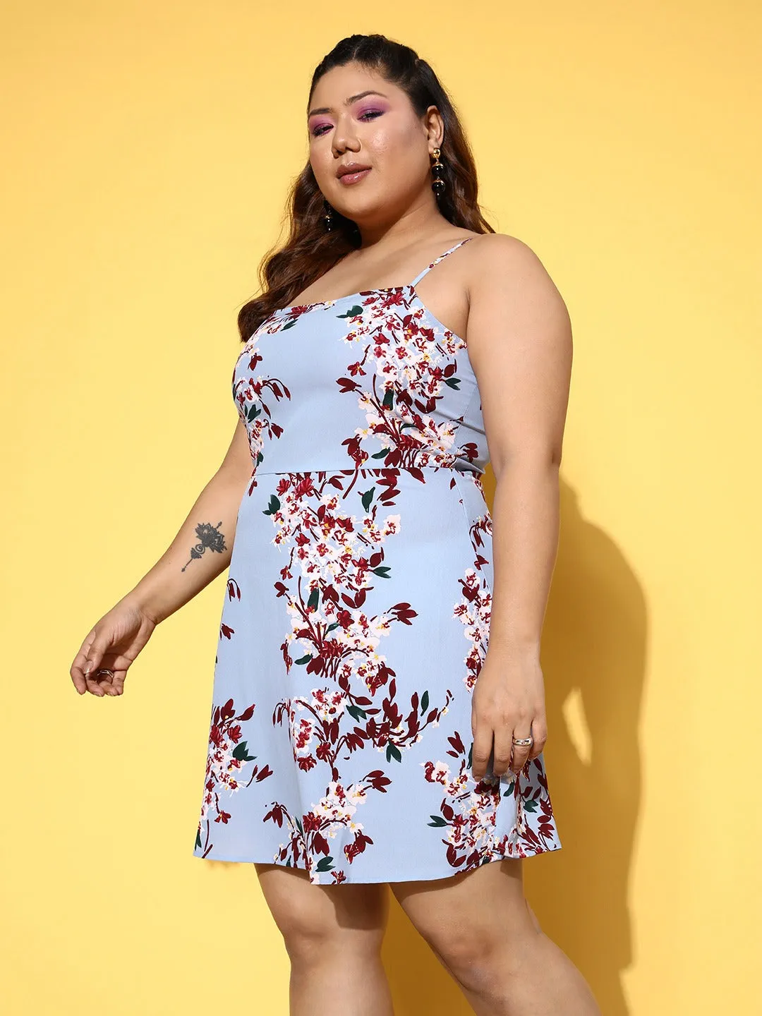 Berrylush Women Plus Size Blue & Maroon Floral Printed Square Neck Sleeveless Crepe Fit & Flare Mini Dress