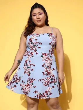 Berrylush Women Plus Size Blue & Maroon Floral Printed Square Neck Sleeveless Crepe Fit & Flare Mini Dress