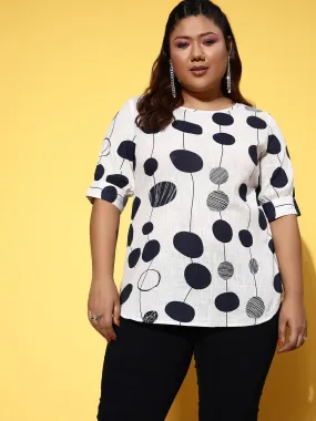 Berrylush Women Plus Size White & Black Geometric Printed Round Neck Woven Cotton Regular Top