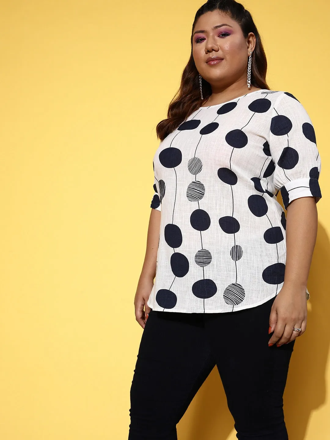 Berrylush Women Plus Size White & Black Geometric Printed Round Neck Woven Cotton Regular Top