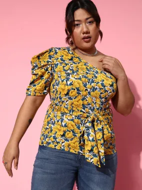 Berrylush Women Plus Size Yellow & Blue Floral Printed One-Shoulder Neck Waist Tie-Up Crepe Regular Top