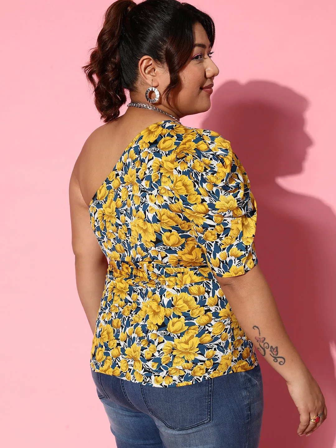 Berrylush Women Plus Size Yellow & Blue Floral Printed One-Shoulder Neck Waist Tie-Up Crepe Regular Top