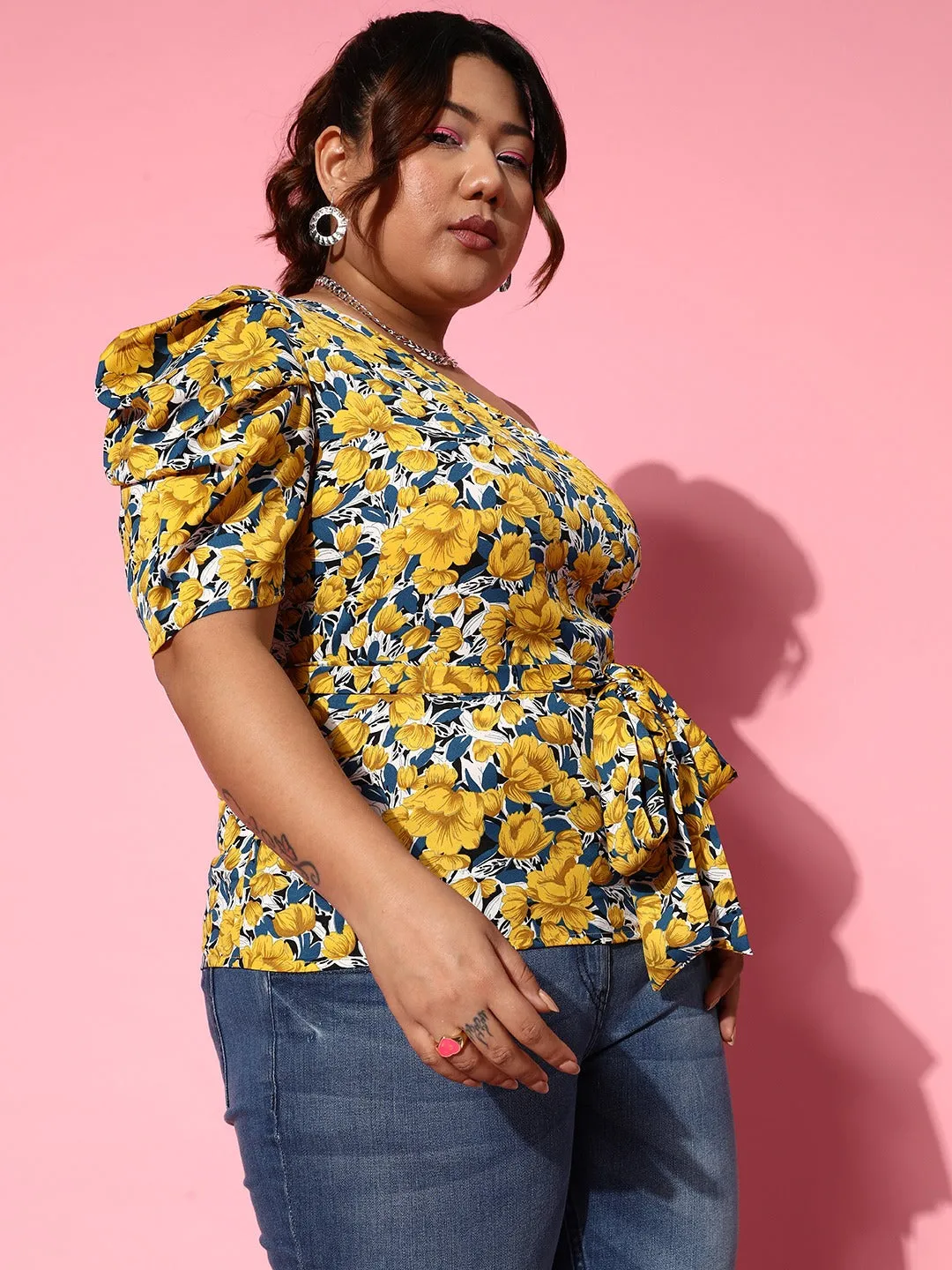 Berrylush Women Plus Size Yellow & Blue Floral Printed One-Shoulder Neck Waist Tie-Up Crepe Regular Top