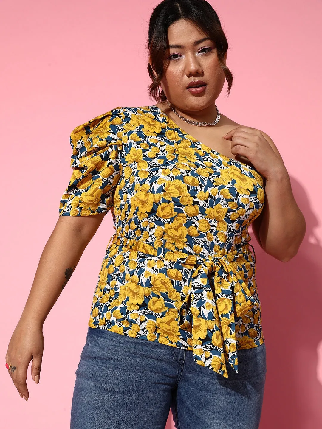 Berrylush Women Plus Size Yellow & Blue Floral Printed One-Shoulder Neck Waist Tie-Up Crepe Regular Top