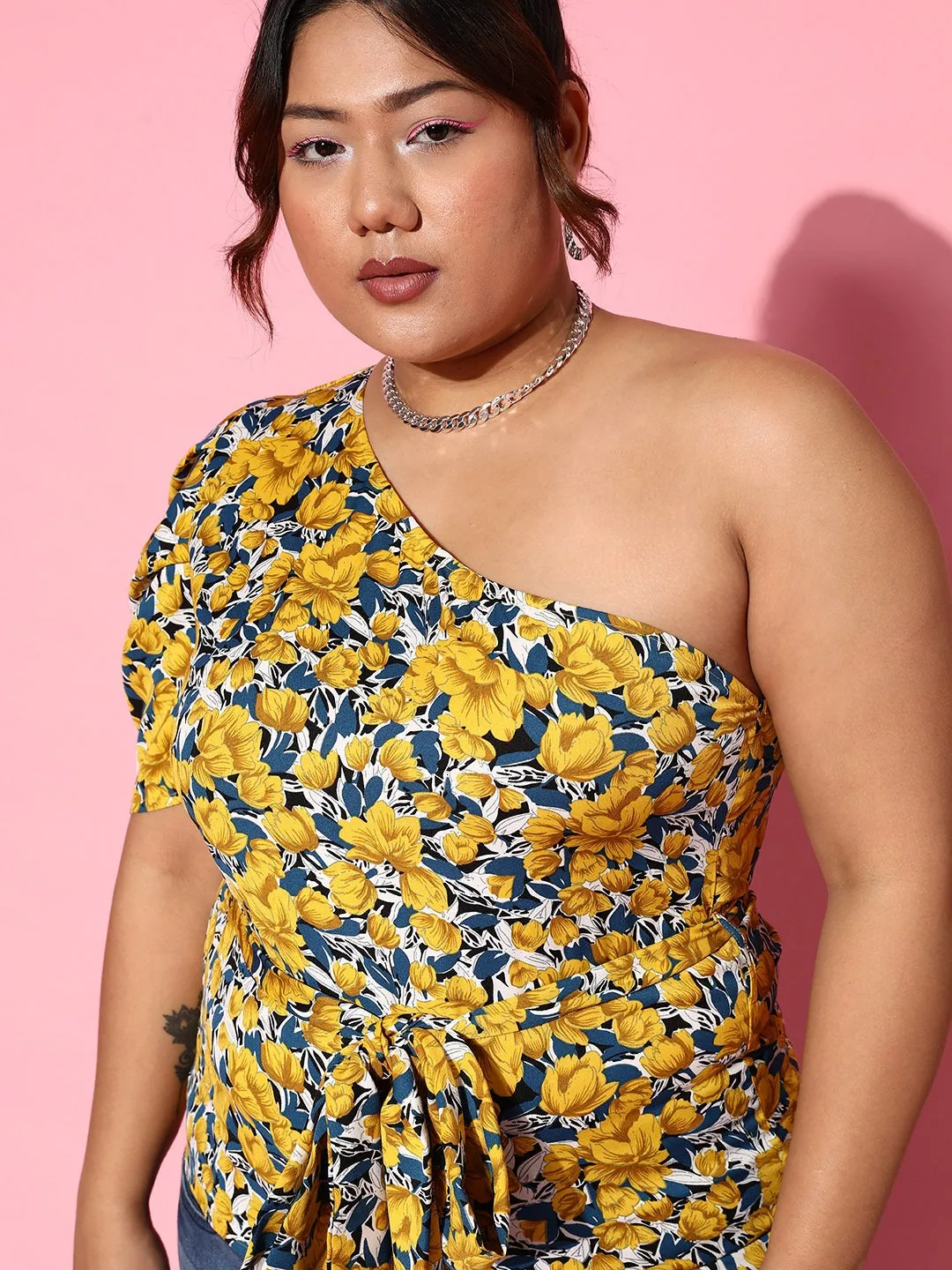 Berrylush Women Plus Size Yellow & Blue Floral Printed One-Shoulder Neck Waist Tie-Up Crepe Regular Top