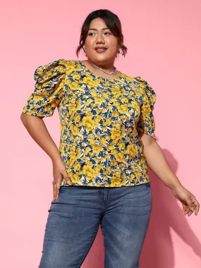 Berrylush Women Plus Size Yellow & Navy Blue Floral Printed Round Neck Crepe Woven Regular Top