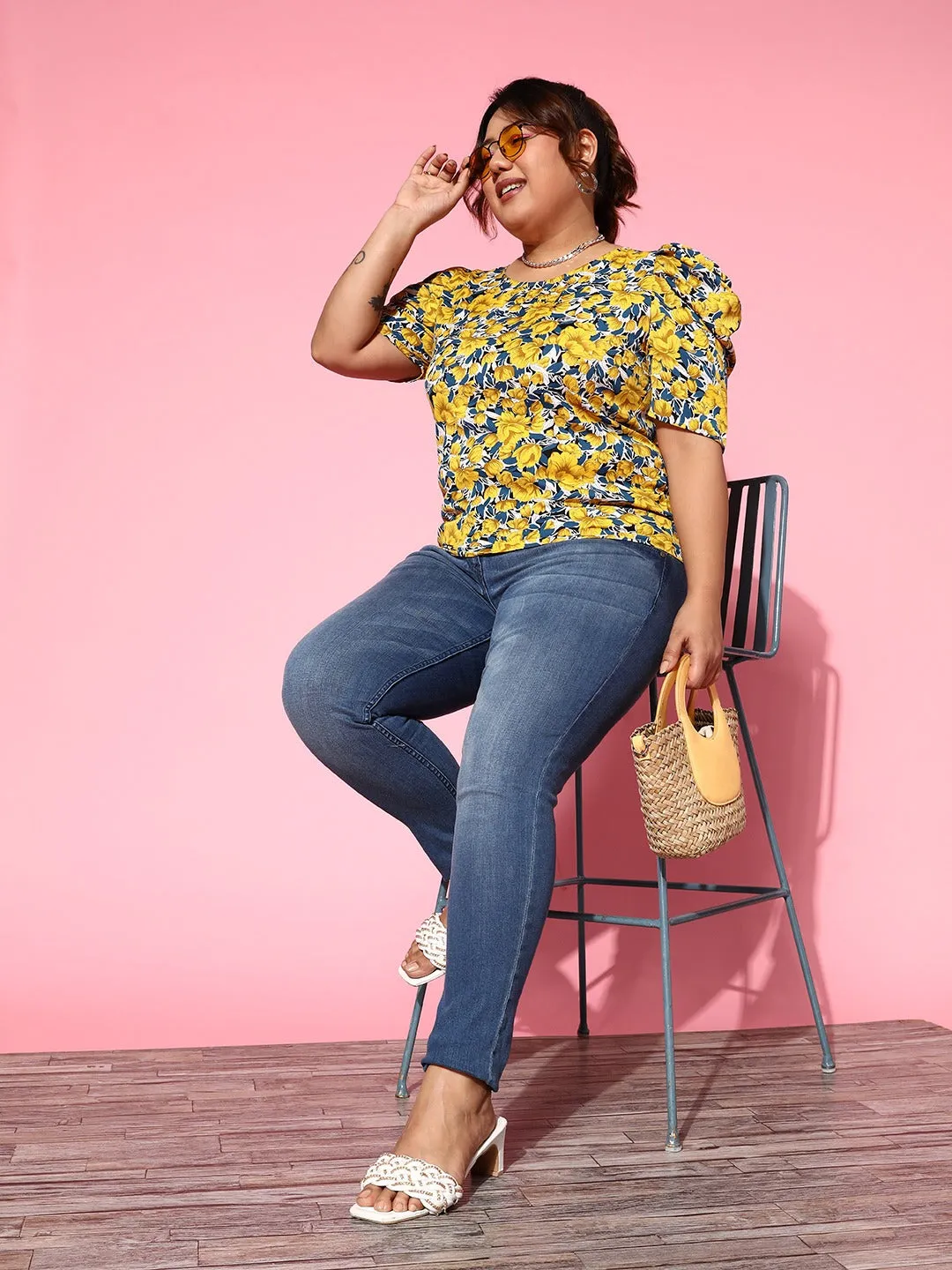 Berrylush Women Plus Size Yellow & Navy Blue Floral Printed Round Neck Crepe Woven Regular Top