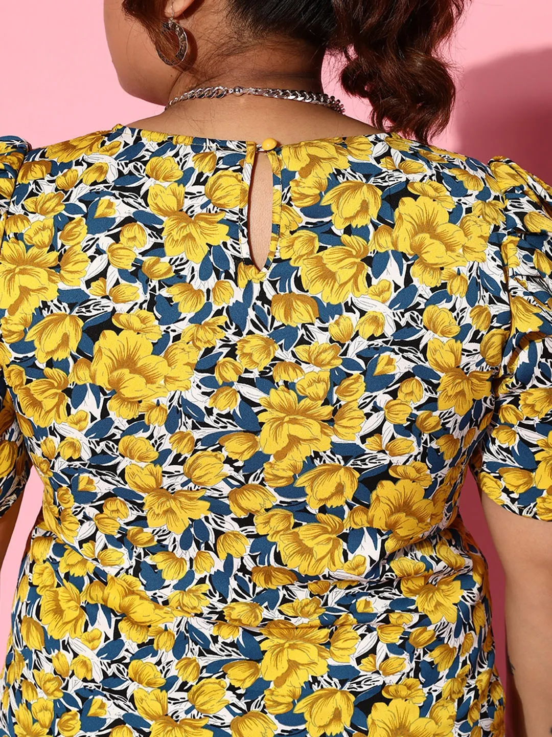 Berrylush Women Plus Size Yellow & Navy Blue Floral Printed Round Neck Crepe Woven Regular Top