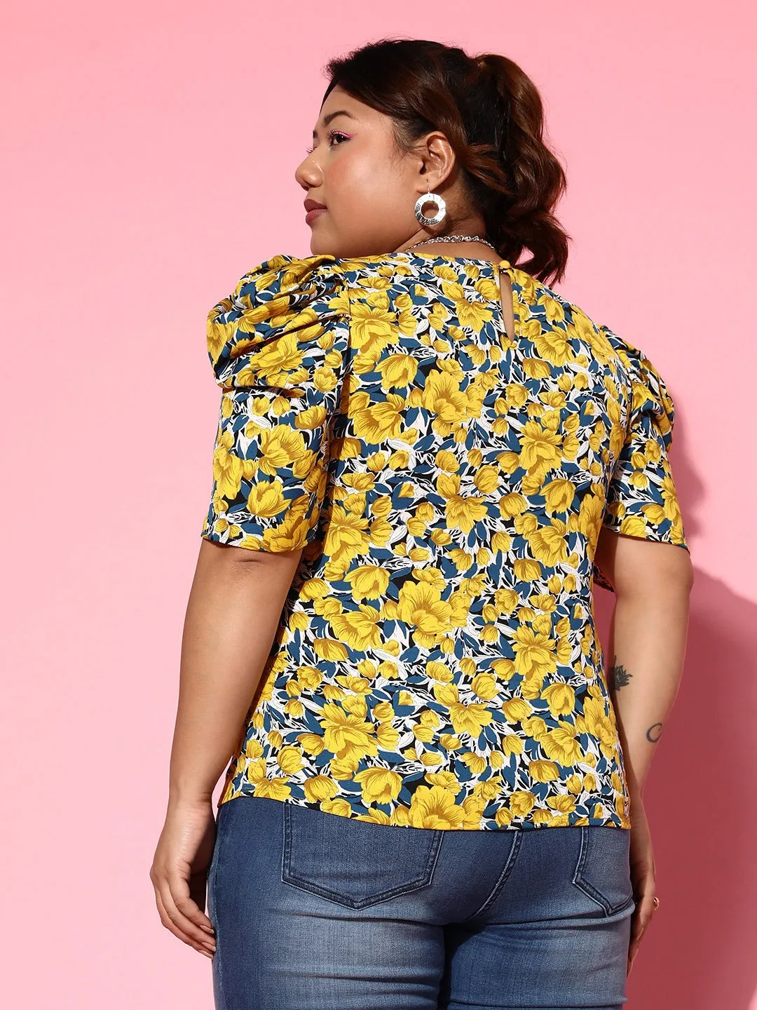 Berrylush Women Plus Size Yellow & Navy Blue Floral Printed Round Neck Crepe Woven Regular Top