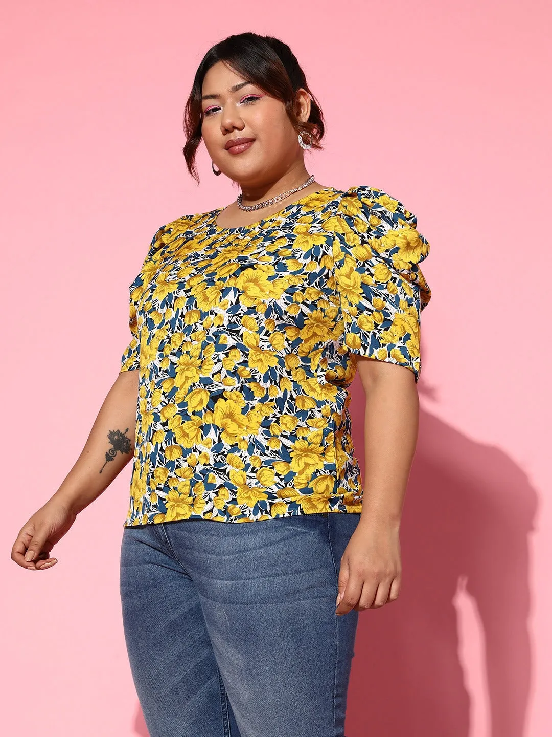 Berrylush Women Plus Size Yellow & Navy Blue Floral Printed Round Neck Crepe Woven Regular Top