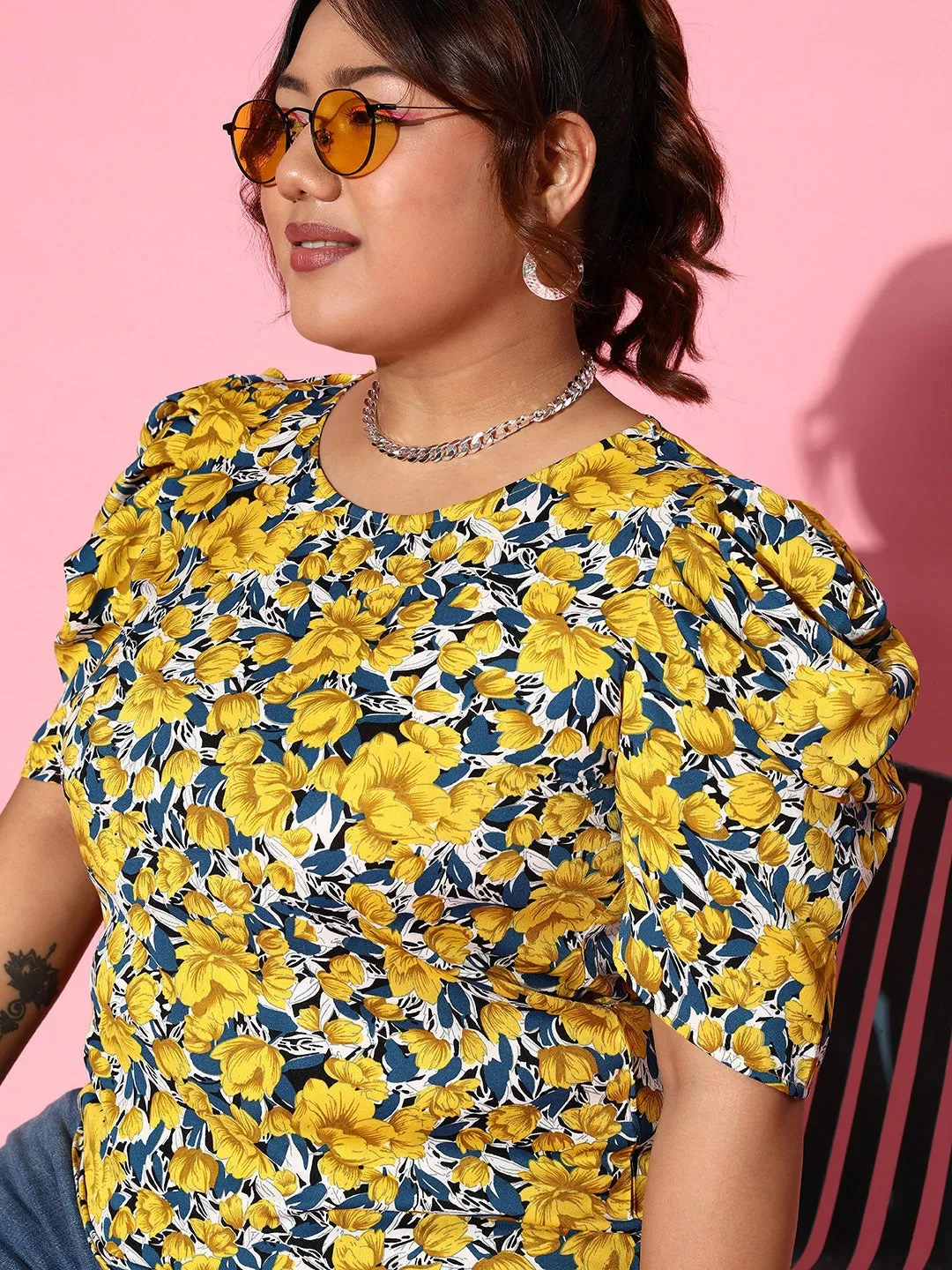 Berrylush Women Plus Size Yellow & Navy Blue Floral Printed Round Neck Crepe Woven Regular Top