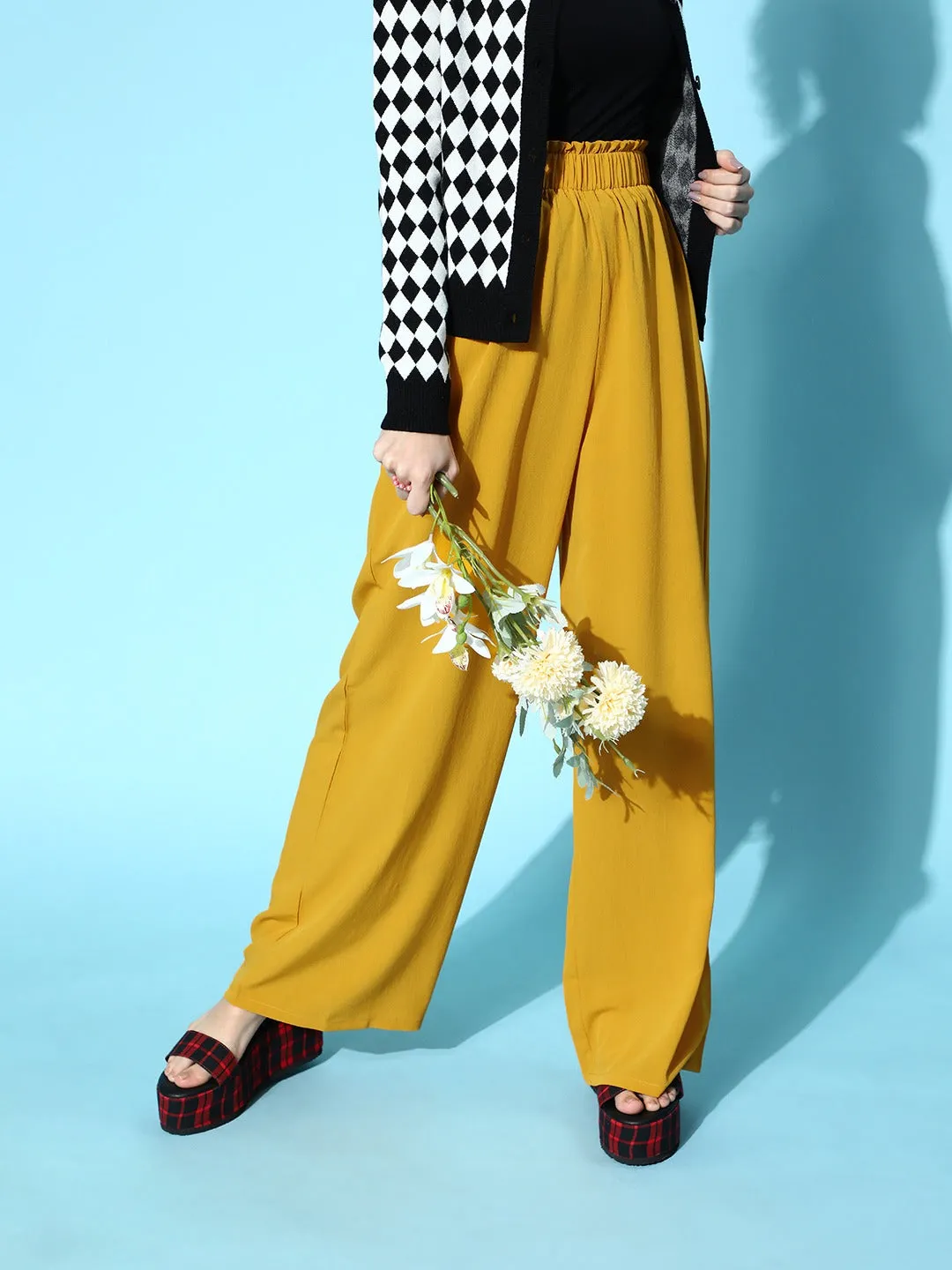 Berrylush Women Solid Mustard Yellow Loose-Fit High-Rise Elastic Waist Pleated Trousers