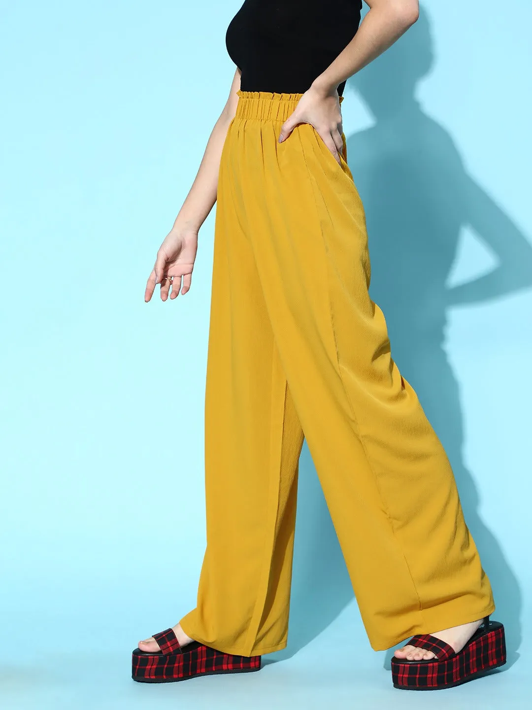 Berrylush Women Solid Mustard Yellow Loose-Fit High-Rise Elastic Waist Pleated Trousers