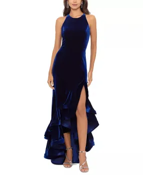 Betsy & Adam Ruffled Velvet Halter Gown