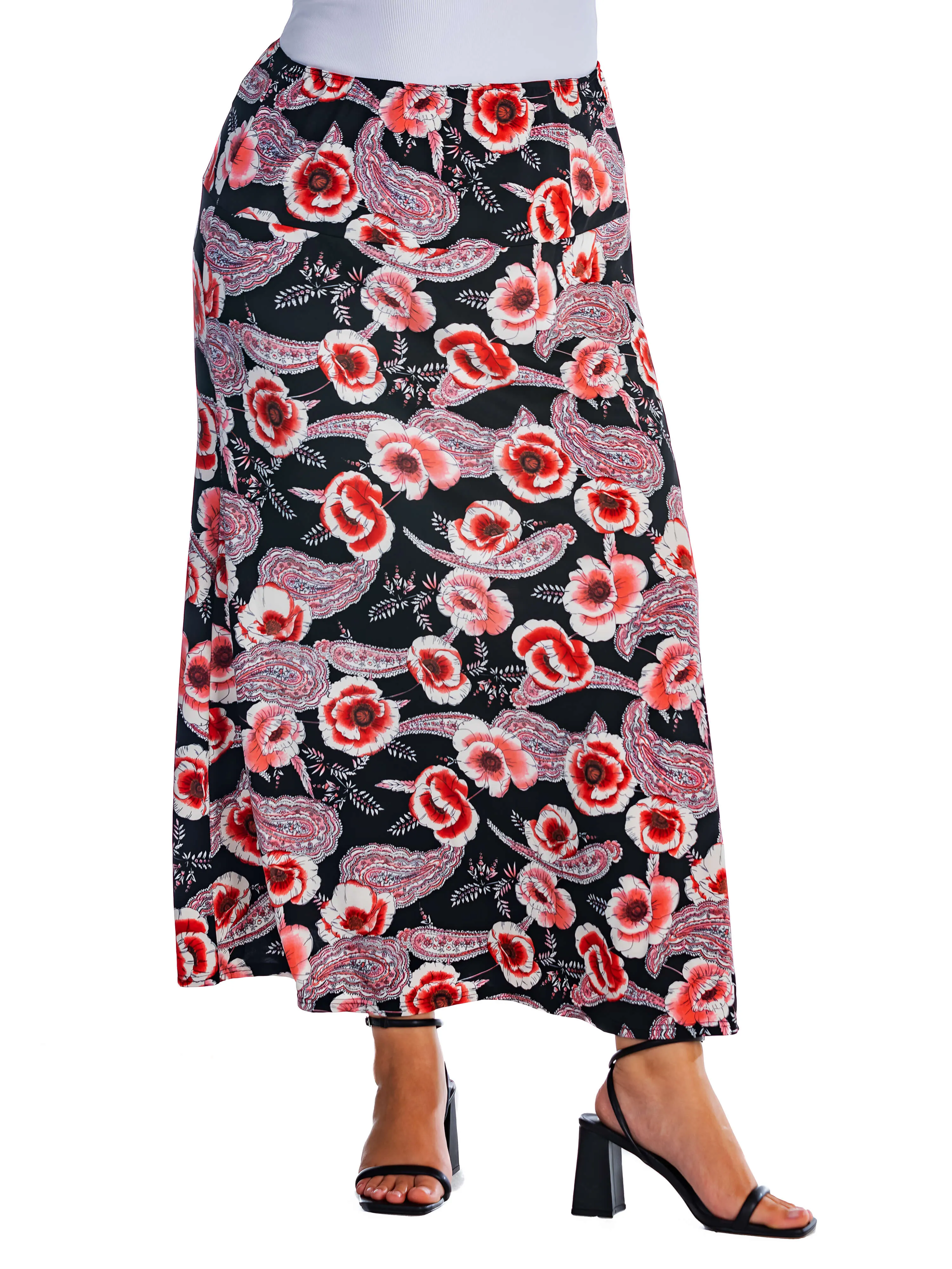 Black and Red Floral Plus Size Maxi Skirt