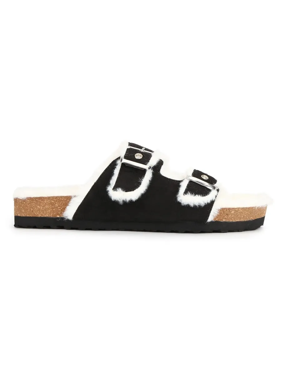 Black Furry Cork Sandals With Buckle