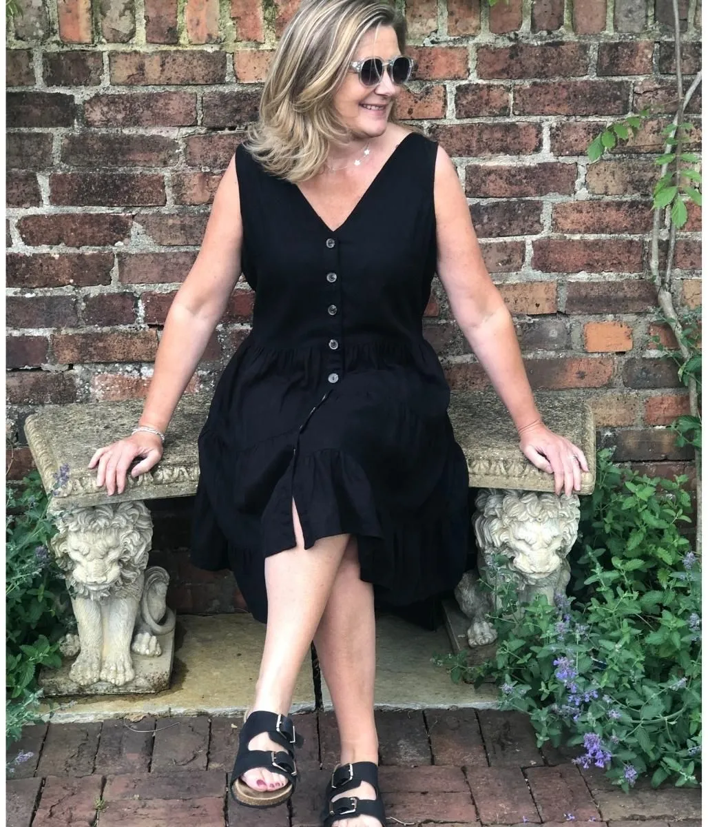 Black Linen Blend Tiered Dress