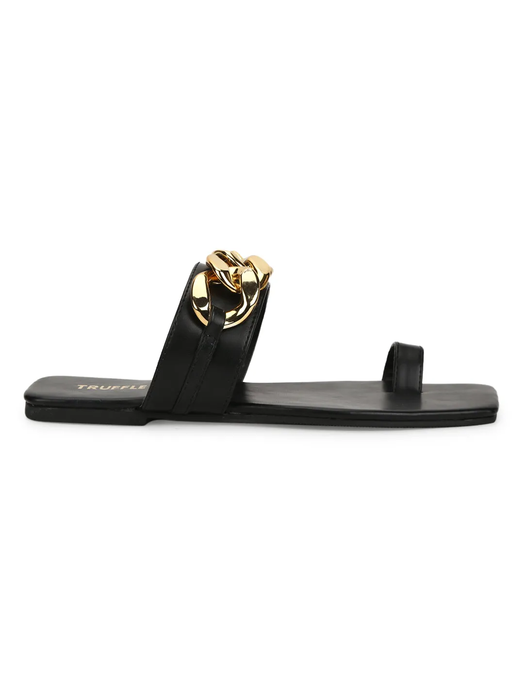 Black PU Gold Chain Slip Ons