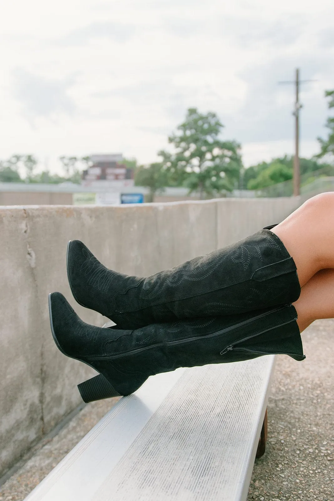 Black Suede Knee High Cowgirl Boots