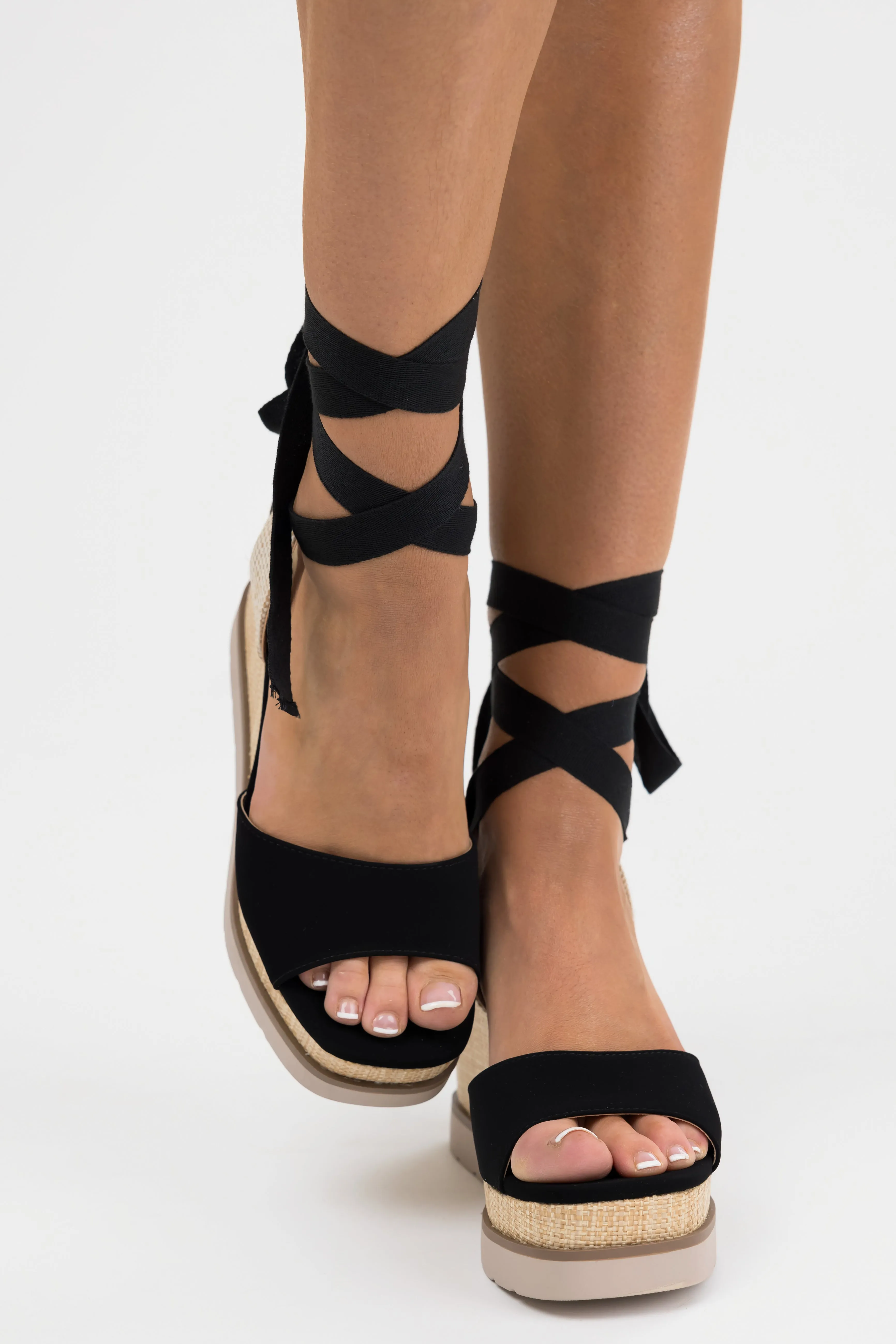 Black Wrapped Ankle Raffia Platform Wedges