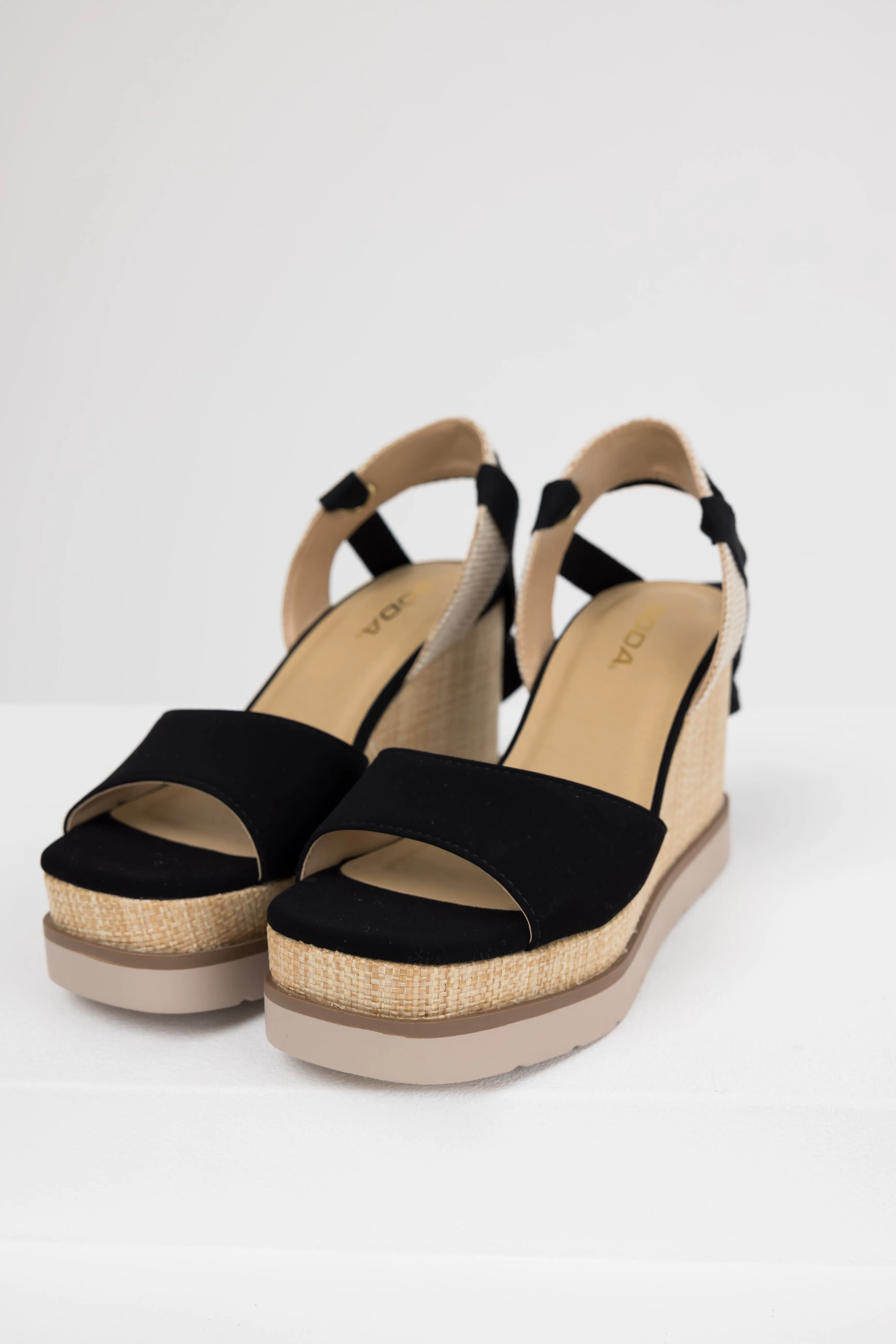 Black Wrapped Ankle Raffia Platform Wedges